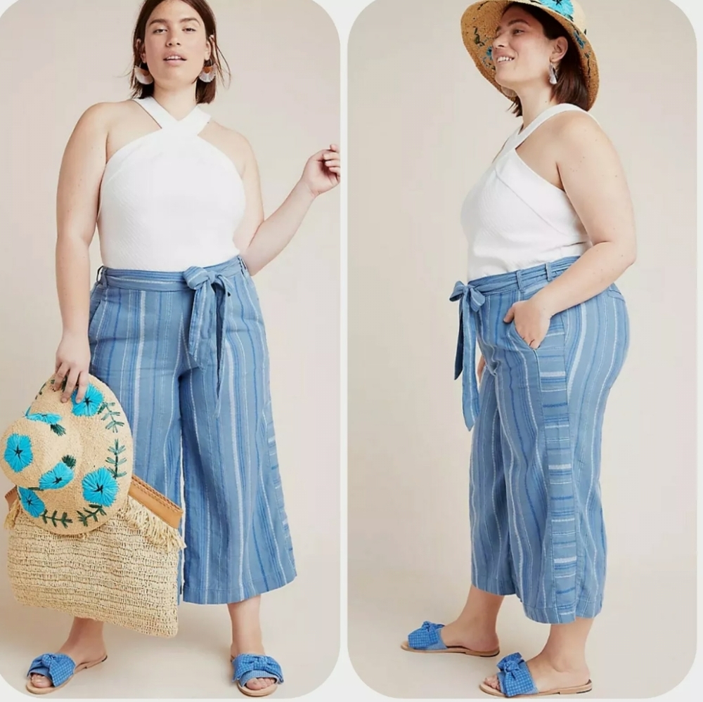 Anthropologie Plus Size Laguna Blue striped wide leg crop linen Blend pants 1x